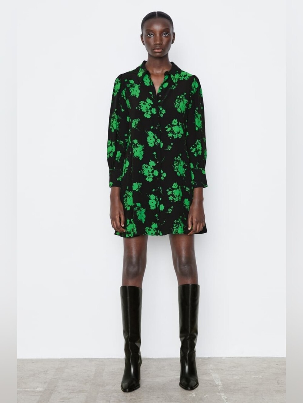 Zara Black Mini Dress with Green Floral Print